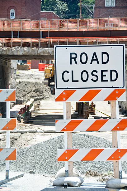 istock Vertical view of a road closed sign 185542962