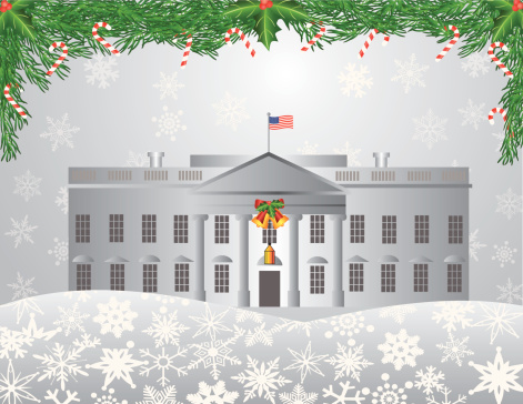 Washington DC White House Building with Garland Candy Cane Holly Berries on Snowflakes Background Vector Illustration