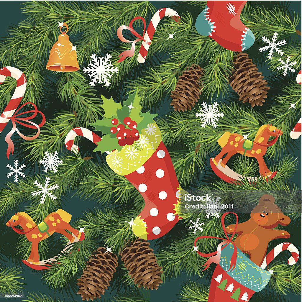 X-mas and New Year background with Christmas accessories X-mas and New Year background with Christmas accessories, stockings, sweets, horse and teddy bear toys and fir tree branches. Seamless pattern for holiday design. Backgrounds stock vector