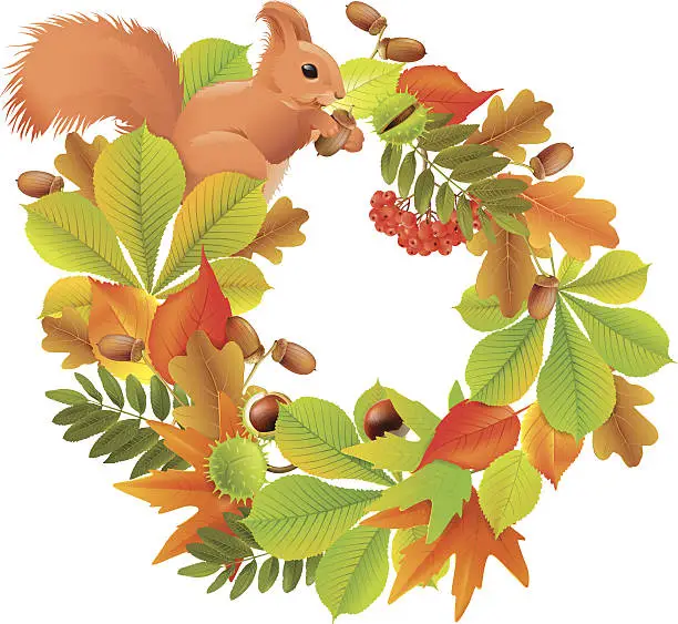 Vector illustration of Autumn wreath with squirrel
