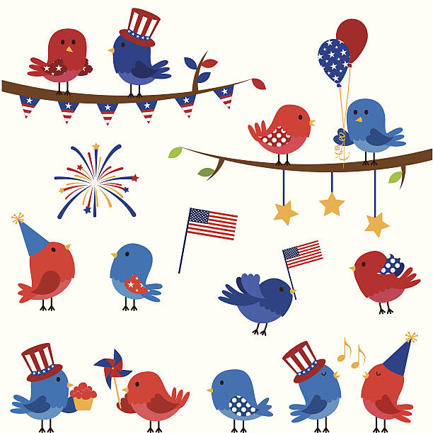 Cartoon graphic of birds in American colors with flags Cute Vector Set of Patriotic or Fourth of July Themed Birds and Branches. Large JPG included. No transparency or gradients used. Each element is individually grouped for easy editing. american flag bunting stock illustrations
