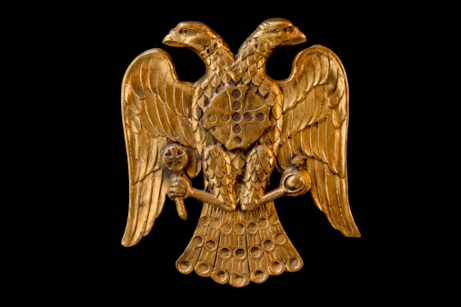 Double Headed Eagle, common symbol in heraldry and vexillology. It is most commonly associated with Byzantine Empire, Holy Roman Empire, Russian Empire - on black background