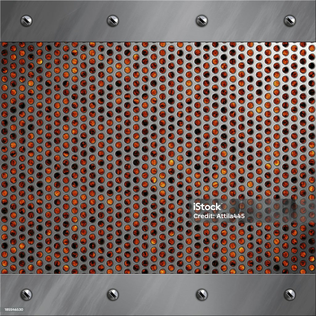 Brushed aluminum frame bolted to a perforated metal Brushed aluminum frame bolted to a perforated metal over fire, hot lava or melted metal Abstract Stock Photo