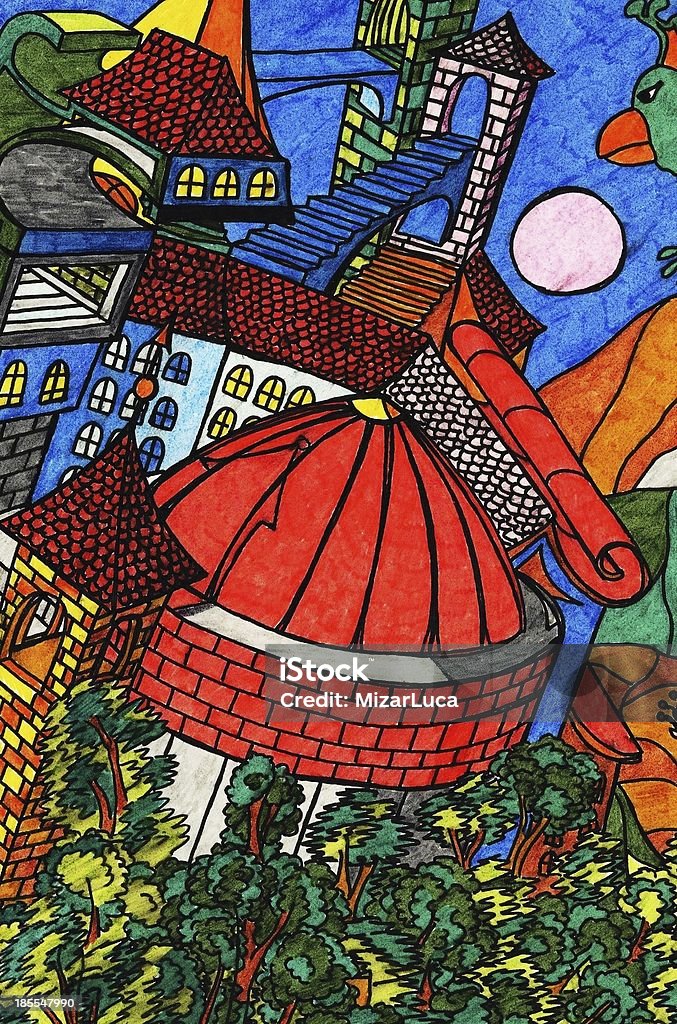 Dome Detail of a colored illustration of a complex castle-like structure contextualised in an imaginary land. A forest is at the bottom of the castel, while in the background can be seen mountains, a blue sky, a pale sun and the shape of a strange animal. Architectural Dome Stock Photo