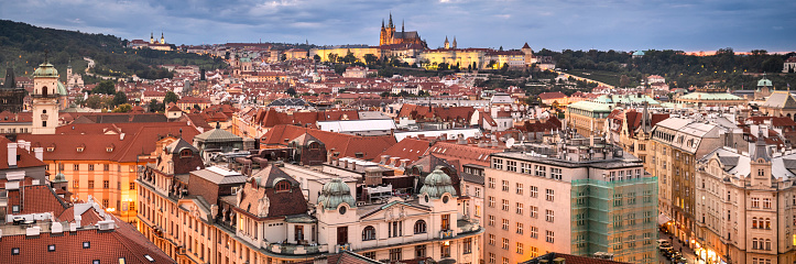 Prague city panoramic skyline view of the Prague Castle and residential houses in the Mala Strana and Old Town buildings, Czech Republic Czechia