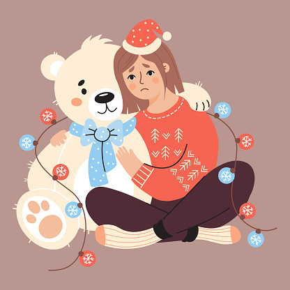 Lonely unhappy girl with big teddy bear and garland for Christmas. Vector illustration. Concept of loneliness and sadness during holidays. Alone New Year female character