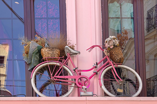 Single Speed Pink Bicycle With Baskets Vintage Decor at Building Istanbul Turkey