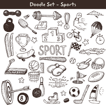 Big set od doodle style sport icons. Vector illustration.