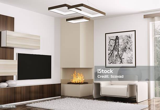 Interior Of Modern Room 3d Render Stock Photo - Download Image Now - LCD Television, Living Room, No People