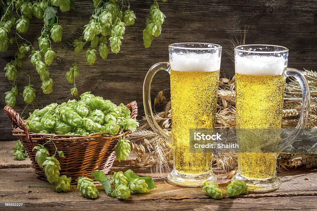 Cerveza fría rodeado por el lúpulo conos - Foto de stock de Alimento libre de derechos
