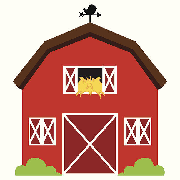 illustrazioni stock, clip art, cartoni animati e icone di tendenza di fienile carino rosso vettoriale con fieno, banderuola e cespugli - barn red old door