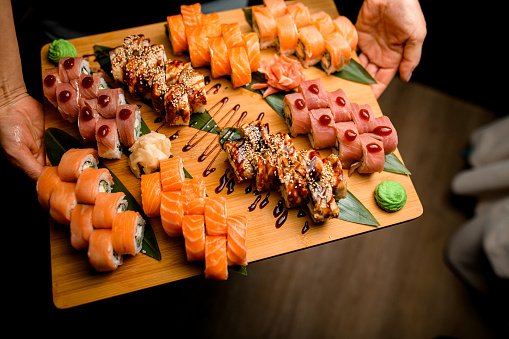 Arranged sushi set on wooden board, Nikon Z7