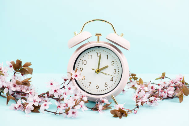 despertador con flores de cerezo, cambio al horario de verano en primavera, cambio de horario de verano - daylight savings fotografías e imágenes de stock