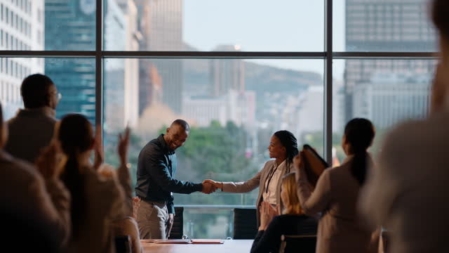 Business people, handshake and signature in meeting success, celebration and applause for contract or negotiation. African manager, lawyer or clients shaking hands for b2b deal and congratulations