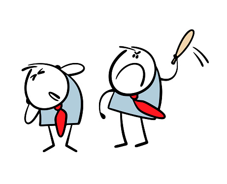 The boss of a commercial firm beats his subordinate with a stick. Vector illustration of an aggressive businessman offending a weak competitor or colleague.