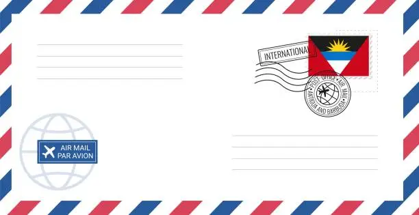 Vector illustration of Blank air mail envelope with Antigua and Barbuda postage stamp. Postcard vector illustration with Antigua and Barbuda national flag isolated on white background.