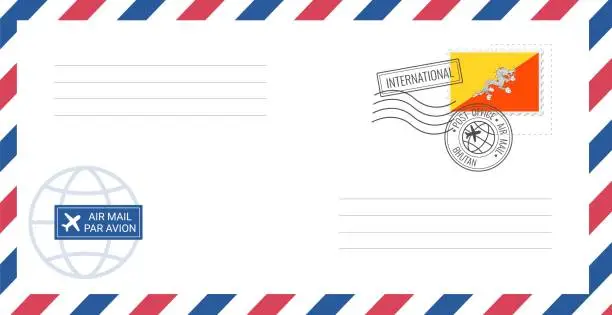 Vector illustration of Blank air mail envelope with Bhutan postage stamp. Postcard vector illustration with Bhutan national flag isolated on white background.
