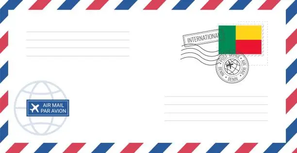 Vector illustration of Blank air mail envelope with Benin  postage stamp. Postcard vector illustration with Benin national flag isolated on white background.