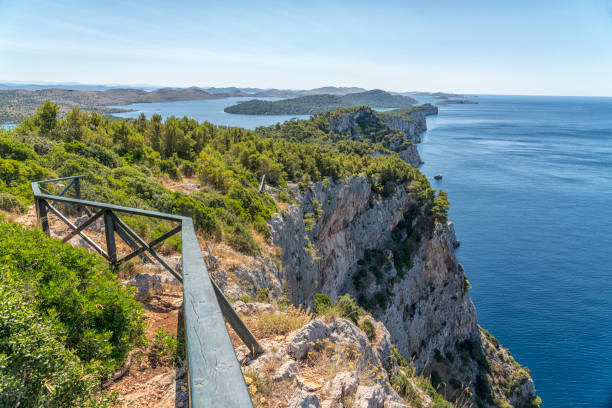 High angle view on Telascica, national park in Dugi otok island, Kornati islands in background. Croatia
