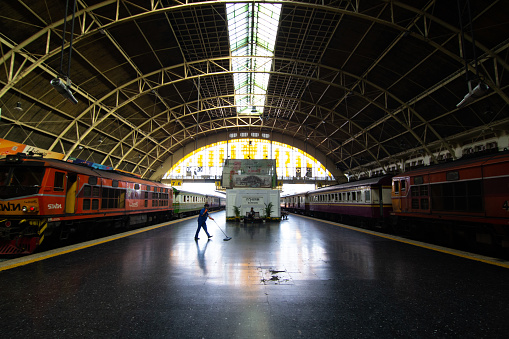 The Central Train Station in downtown Bangkok, is a bustling light filled hub with transportation to the north of the country. Bangkok, Thailand