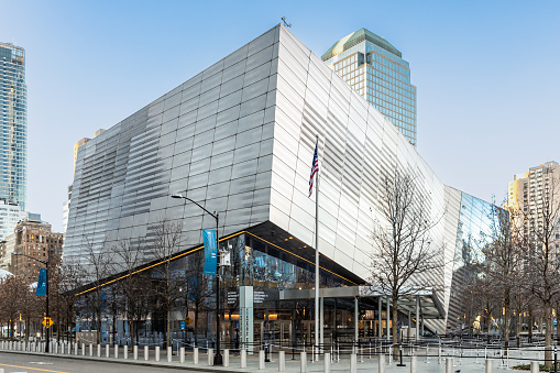 New York, NY, USA - December 12, 2023: The 9/11 Memorial and Museum is located at the World Trade Center site where the towers were attacked on September 11, 2001.