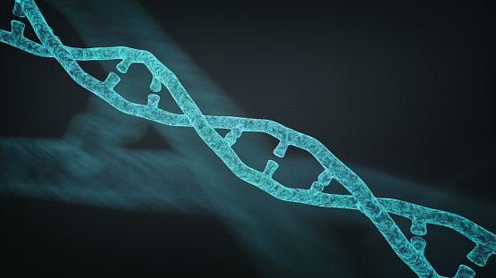 DNA double helix, DNA macromolecule on dark background - 3d image of dna molecule on black background, nanotechnology science, medical concept, hologram view.