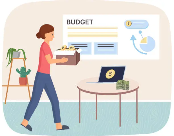 Vector illustration of People analysis budget. Calculate financial plan of save income and expense management, investment profit, tax, budget or marketing strategy