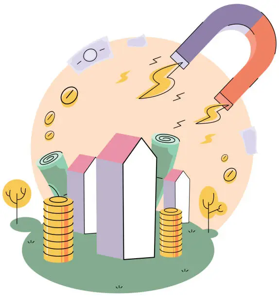 Vector illustration of Huge magnet attracts money bills flying around skyscraper. Income from sale or rental of real estate