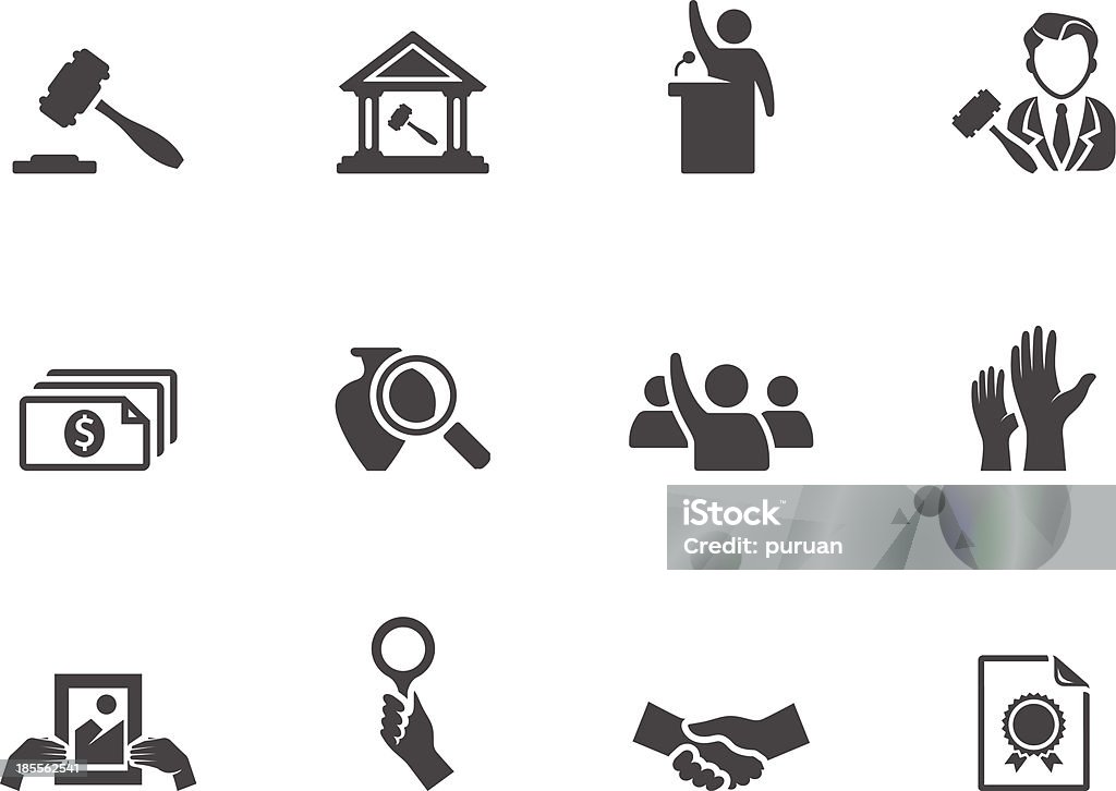 BW icônes de vente aux enchères - clipart vectoriel de Image en noir et blanc libre de droits
