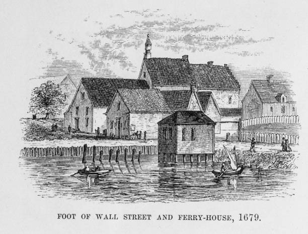ilustrações, clipart, desenhos animados e ícones de pé de wall street e ferry house, 1679 - architecture built structure people in the background nautical vessel