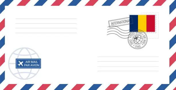 Vector illustration of Blank air mail envelope with Chad postage stamp. Postcard vector illustration with Chad national flag isolated on white background.