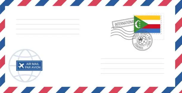 Vector illustration of Blank air mail envelope with Comoros postage stamp. Postcard vector illustration with Comoros national flag isolated on white background.