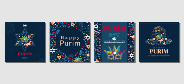 Elegant purim day Set of greeting cards, posters, holiday covers - ilustração de arte vetorial