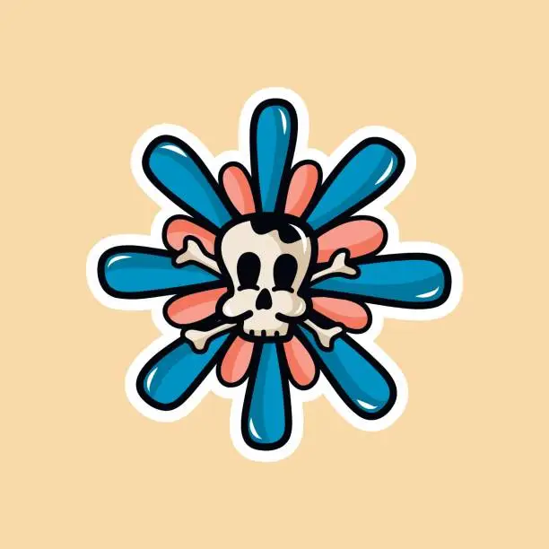 Vector illustration of Vector groovy retro illustration for Halloween with a funny cartoon flower with a face. Crazy flowers in retro style.