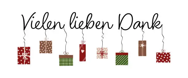 Vector illustration of Vielen lieben Dank - lettering in German language - Thank you. Thank you card with colorful gift packs.