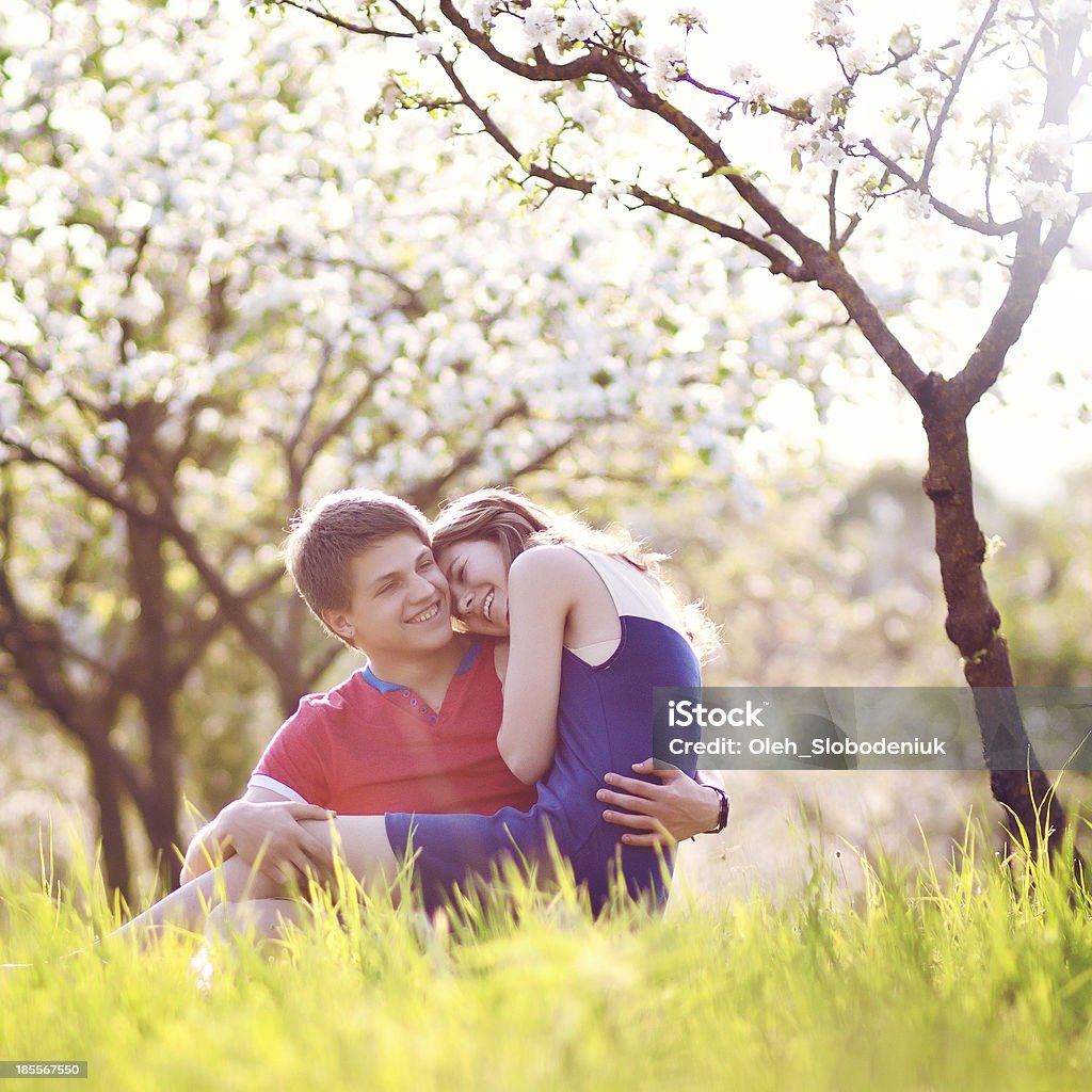 Couple sitting on grass Couple in love sitting on grass and hugging.  Couple - Relationship Stock Photo