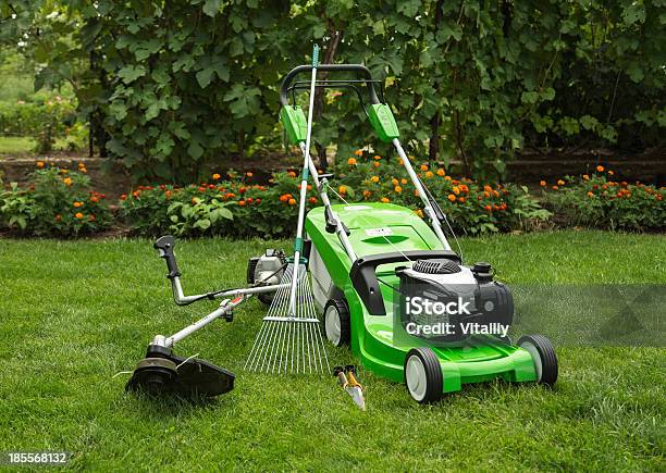 Outdoor Shot Of Garden Equipment Stock Photo - Download Image Now - Gardening Equipment, Yard - Grounds, Lawn Mower