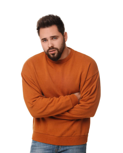 istock Young man suffering from stomach pain on white background 1855690392