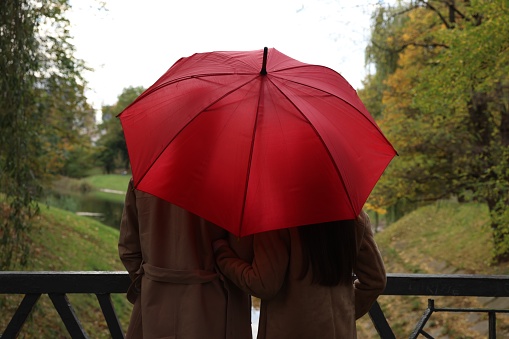 Couple with red umbrella in autumn park, back view