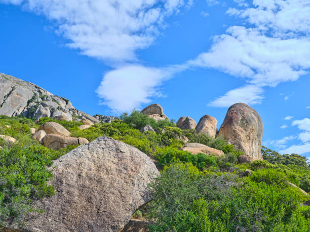 boulders and wilderness - and blue sky with clouds - straggling imagens e fotografias de stock