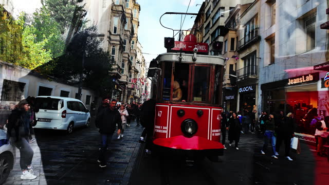Taksim traditional red tram on Istiklal street