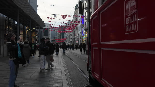 Taksim traditional red tram on Istiklal street