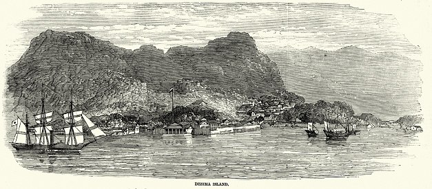 Vintage illustration of Dejima or Deshima an artificial island off Nagasaki, Japan that served as a trading post for the Portuguese and subsequently the Dutch, Japanese History