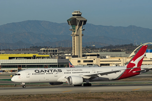 Los Angeles, California, United States: Qantas Boeing 787-9 with registration VH-ZNH shown taxiing at LAX, Los Angeles International Airport.