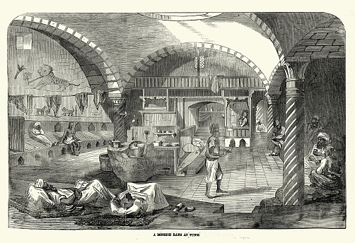 Vintage illustration of Moorish bath house at Tunis, Tunisia, History 1850s 19th Century
