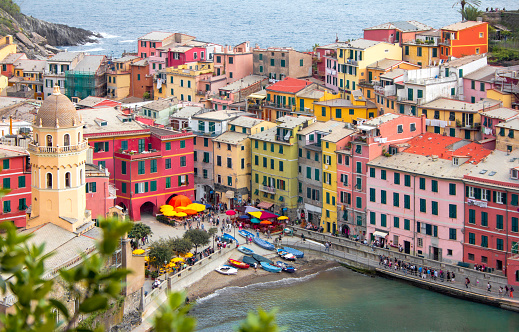 View of the port and town of Vernazza, one of the five villages of the Cinque Terre coast of Liguria, in Italy