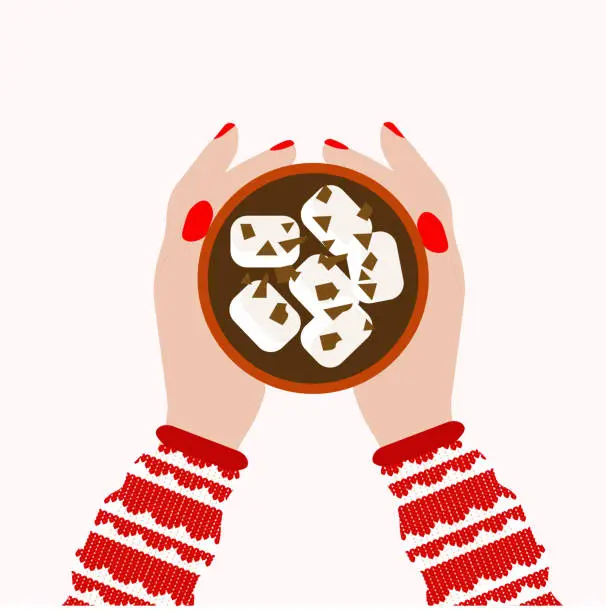 Vector illustration of Female hand holding hot chocolate xmas mug