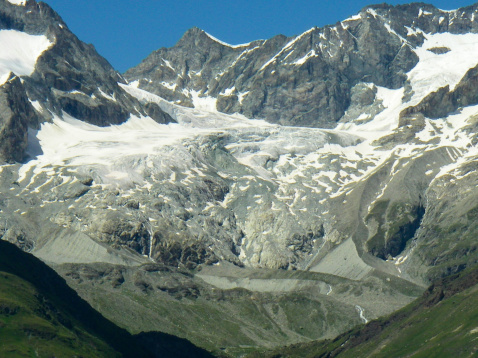 Closer view with telephoto of a mountain glacier in summer time above the village of Zermat in Valais Switzerland showing many classic glacial landforms such as terminal and medial moraines, crevices, hanging valleys, debris fields, and other features.
