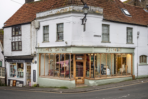 James Gaunt Interiors shopfront on the junction of Church and King Streets, Frome, Somerset, UK on 30 November 2023