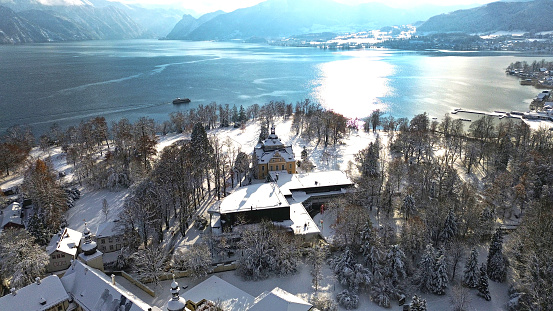 Toscana Park and Villa Toscana on Lake Traunsee in Gmunden photographed from the air in winter